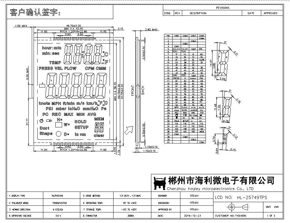 Tn Segment LCD Press Flow Testing Meter Display