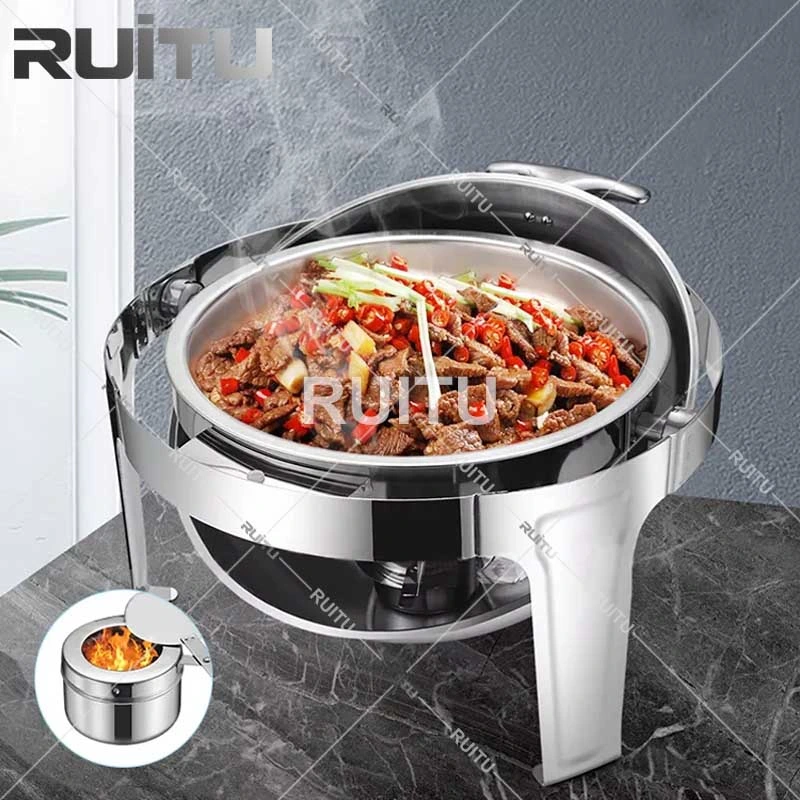 Hotel Restaurant Golden Chefing Dishes Round 6L Luxury Banquet Party Catering Equipment Chafer Gold Buffet Ware Set Catering Food Warmer Roll Top Chafing Dish