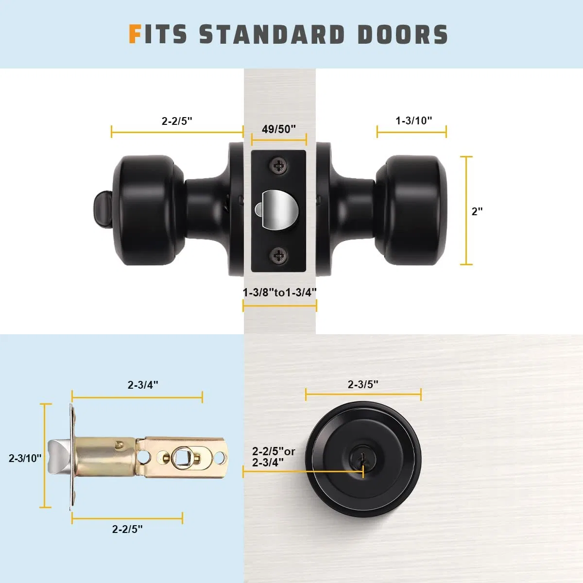 Matt Black Entry Exterior Knob Lock for Door with Key