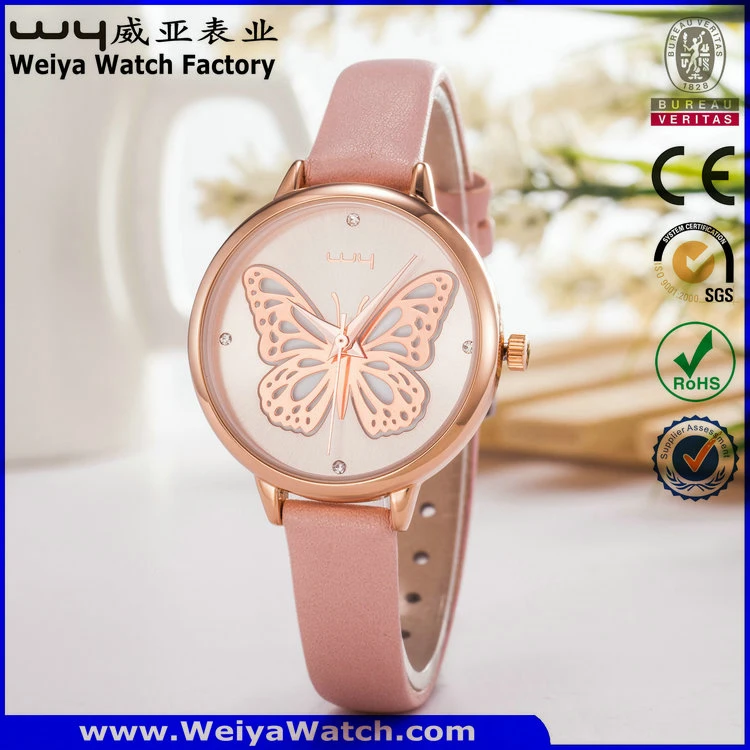 Carcasa de acero de aleación de correa de cuero reloj de pulsera reloj de cuarzo para la Mujer (WY-130B)