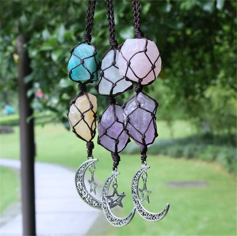 Raw Gem Stone Alloy Moon Star Pendant Car Hanging Ornament Healing Crystals Window Home Wall Diffuser Decoration