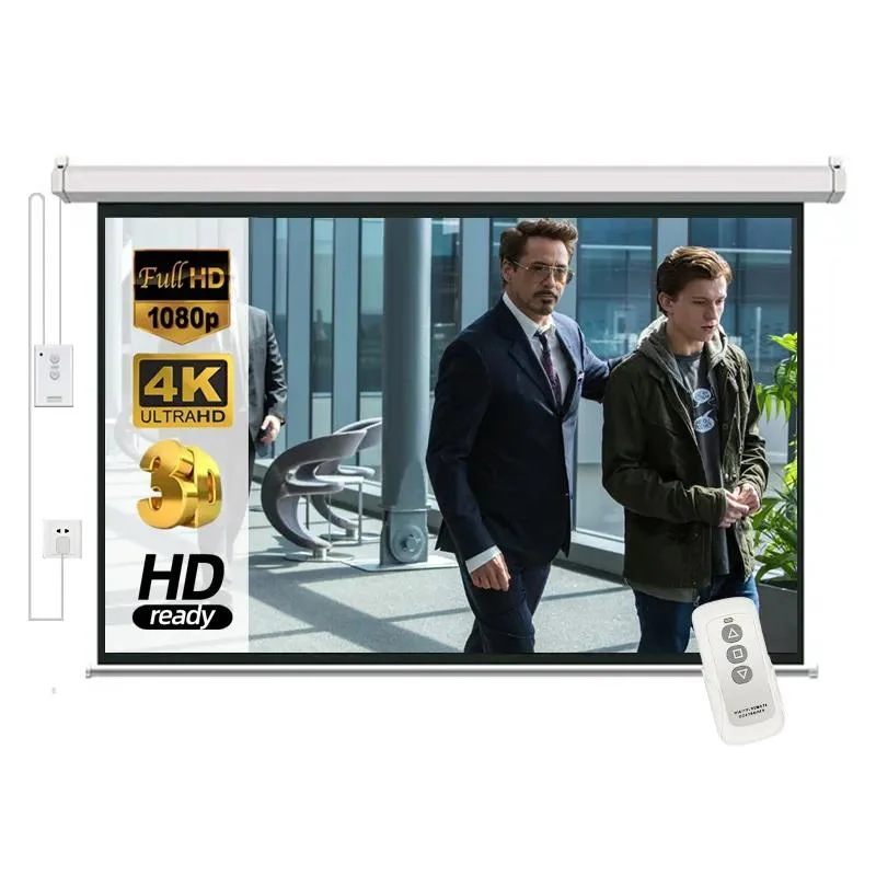 Pull Down Motorized Projection Screen, Electric Screen with Remote Control