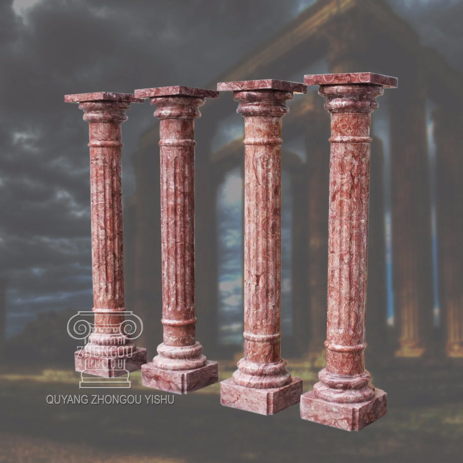 Columna de mármol rojo con tallado de máquina, pilar de diseño sencillo