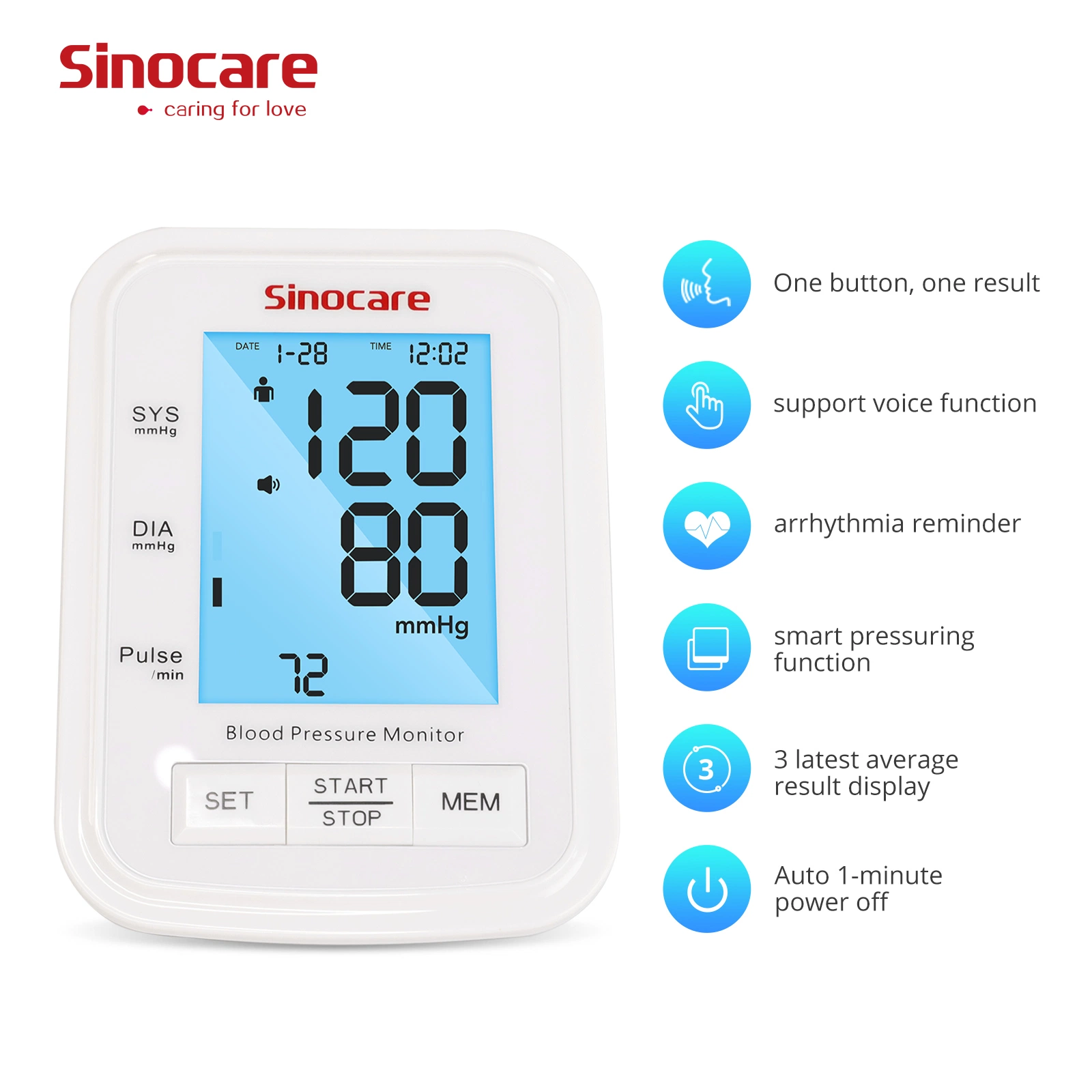 Sinocare Monitor de presión arterial Monitor de presión arterial médica de alta calidad Brazo Esfigmomanómetro digital