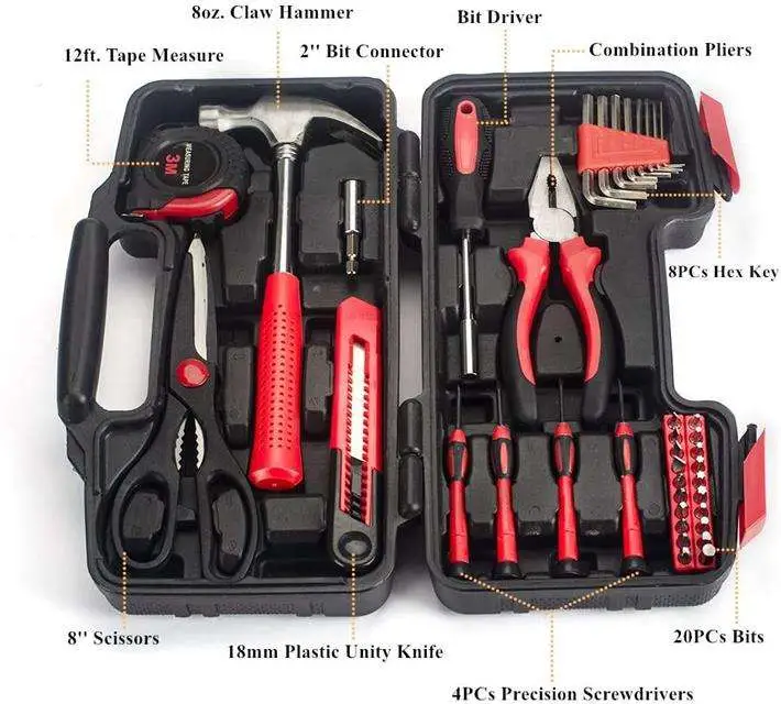 Plastic Toolbox Storage Case Screwdriver Hammer Saw Wrench Socket Hardware Tools Hand Tools Set for Household