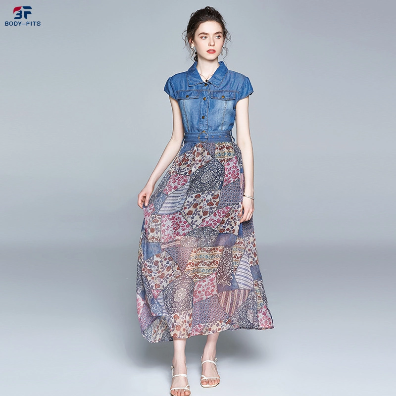 Fashion Chiffon Short-Sleeved Denim Stitching Printed Long Skirts Women Dresses