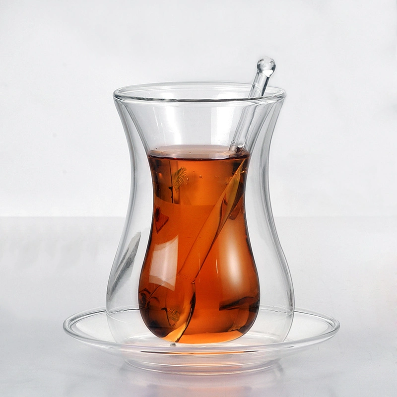 115ml Coffee Cup Set with Saucer and Glass Spoon Insulated Double Glass Transparent