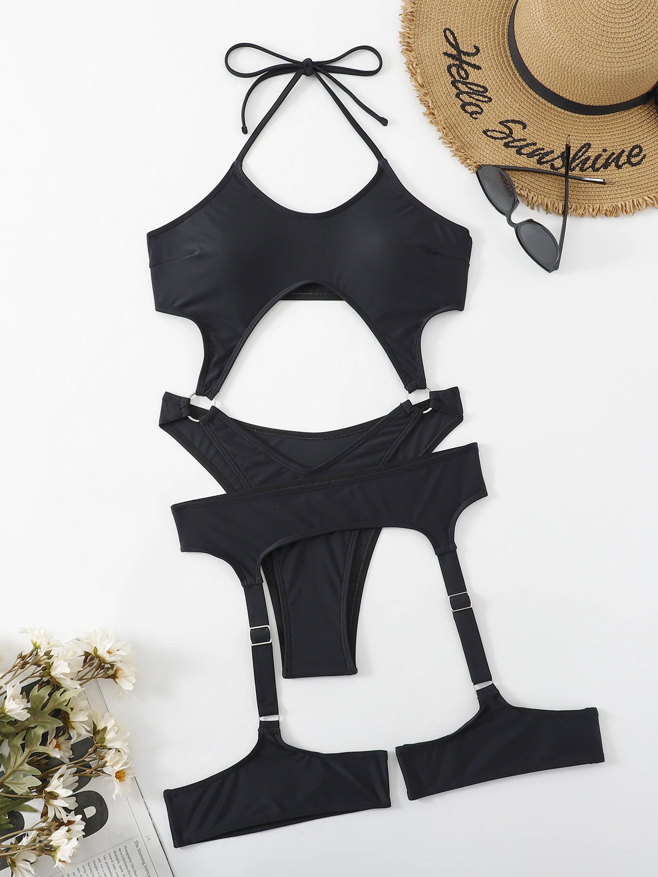 Sexy Garter Solid Bikini Swimsuit Women 2023 Halter Swimwear Woman Cut out Beachwear Bathing Suit with Swimming Suit