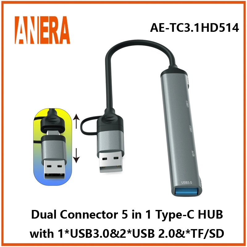 Dual Connector High Performance 5 in 1 Multifunction Portable Hub with USB3.0/2.0 Hub SD/TF 2.0 Card Reader