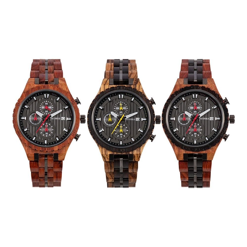 Handmade Men Steel and Wood Watch Quartz Wristwatch Chronograph Watch Custom