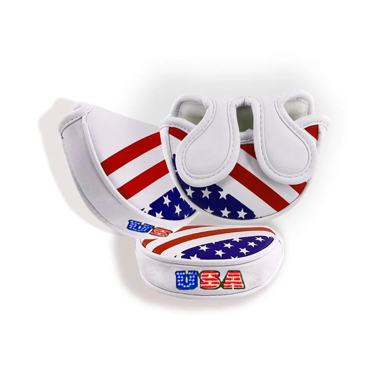 Embroidery USA Logo Golf Headcover Cheap Price White Leather Custom Golf Blade Putter Cover with Magnet