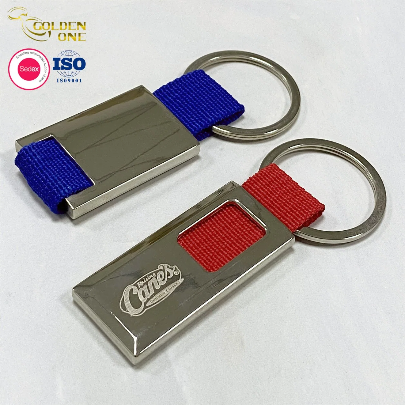 Wholesale/Supplier Custom Laser Car Logo Souvenirs Realestate Ironman Metal Double Sided Lanyard Keychain with Ribbon