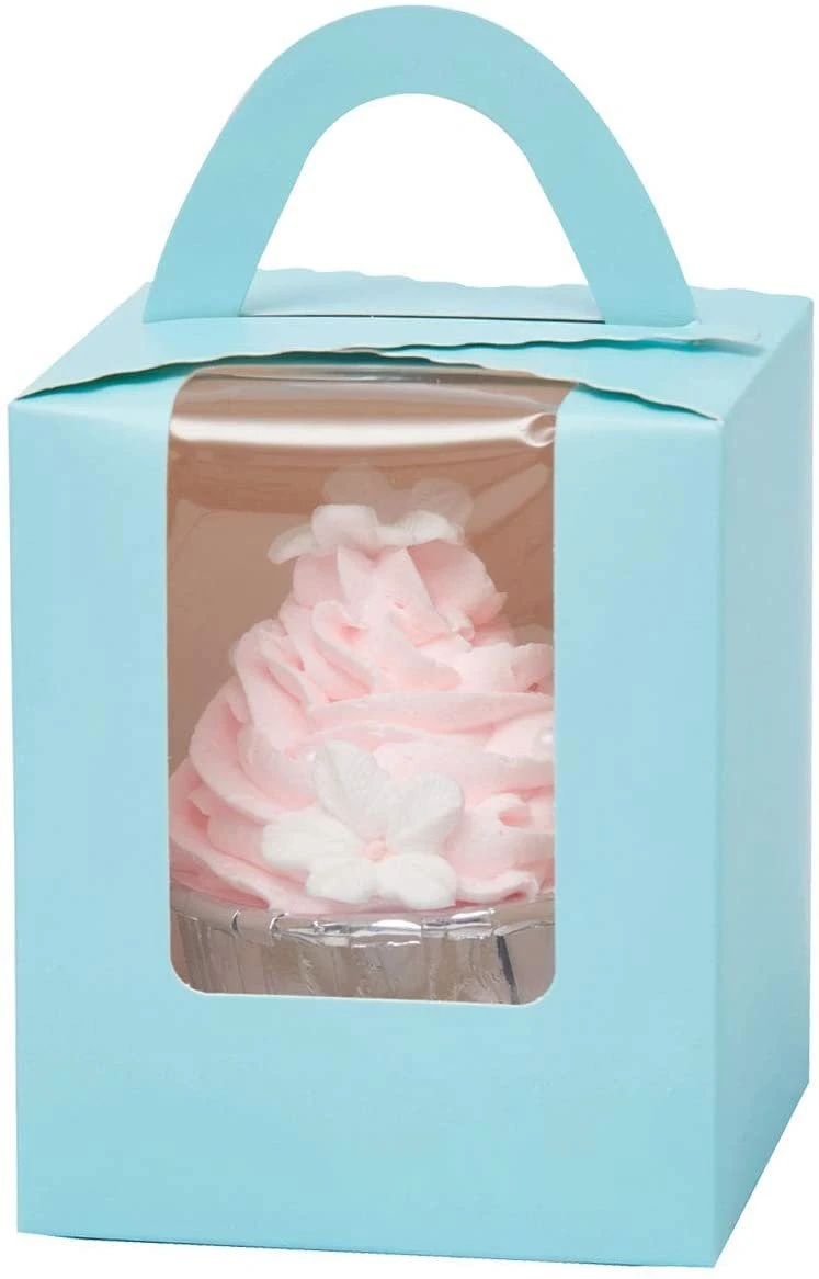 Einzelpack Cupcake Die Cut Griff Verpackung Elfenbein Papier Boxen Mit PVC-Fenster