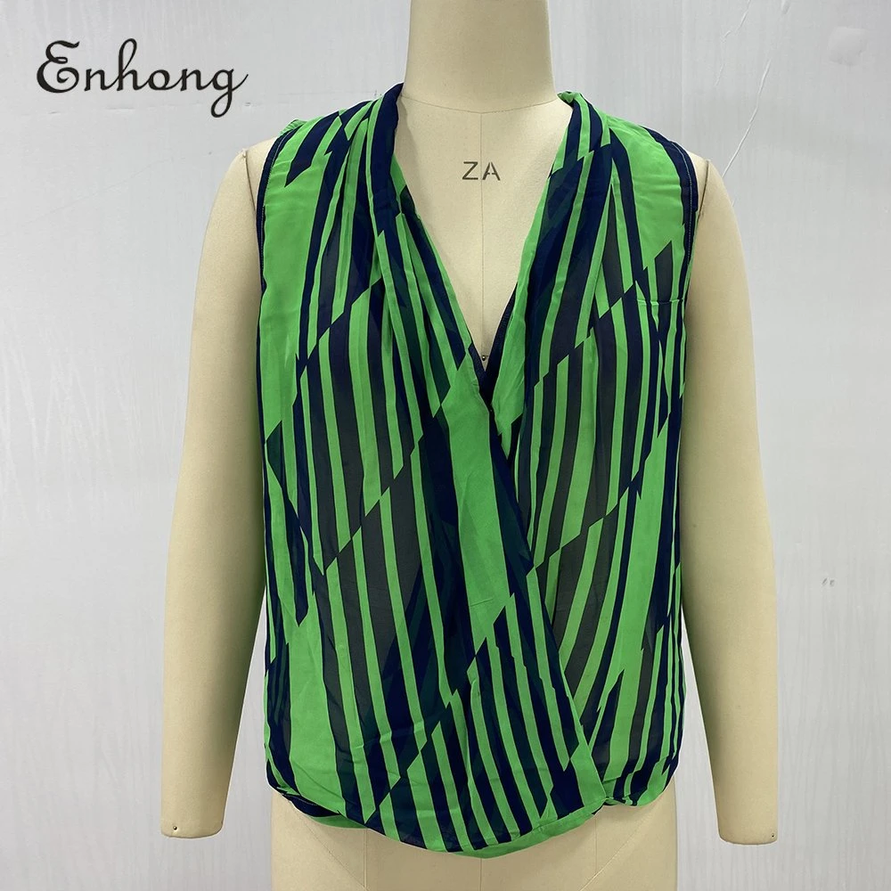 Summer Sexy Club Striped Deep V Neck Sleeveless Lady Shirts Blouse