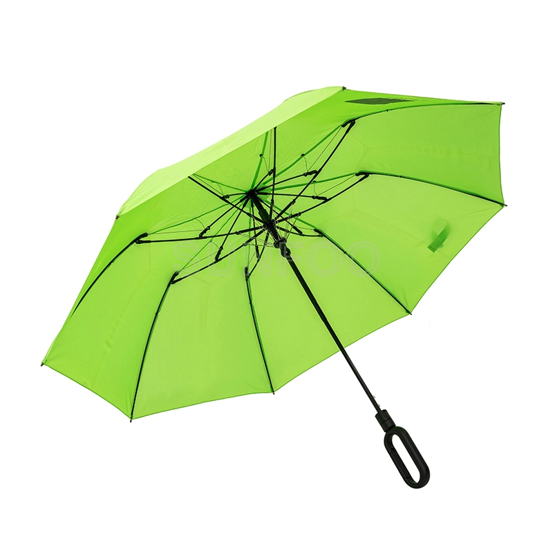 Green Semi Automatic 2 Folding Umbrella with Zero Hook Handle