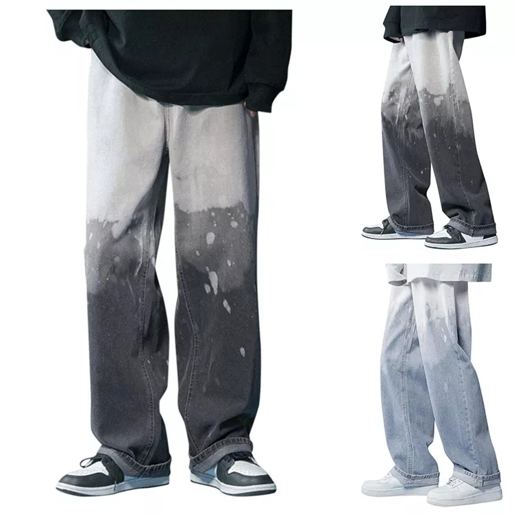 Mens Baggy Straight Stylish Tie Dye Print Wide Leg Denim Jeans