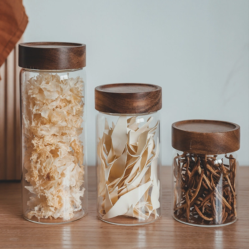 La Verrerie avec couvercle en verre en bois des bocaux Mason/Stockage de verre hermétique pot avec couvercle en bois de la vis d'Acacia