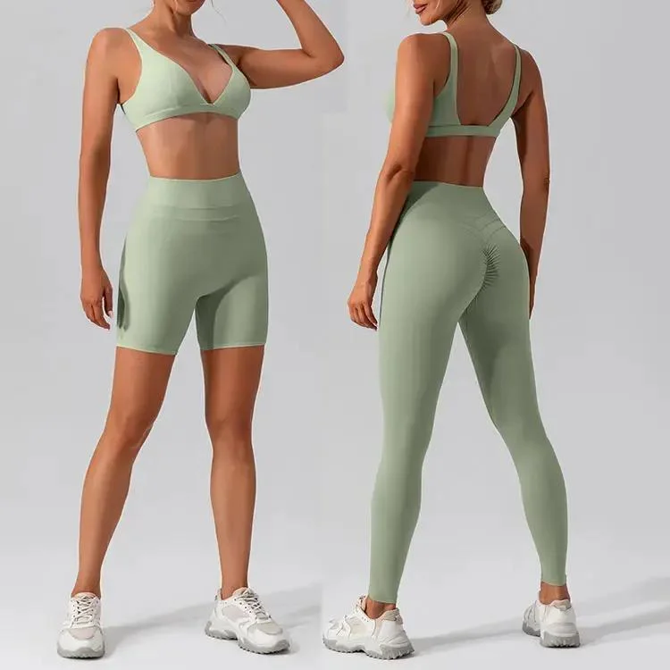 3 Peças amassar mechas Yoga Crossover define as mulheres Fitness Athletic Use Roupas Fitness