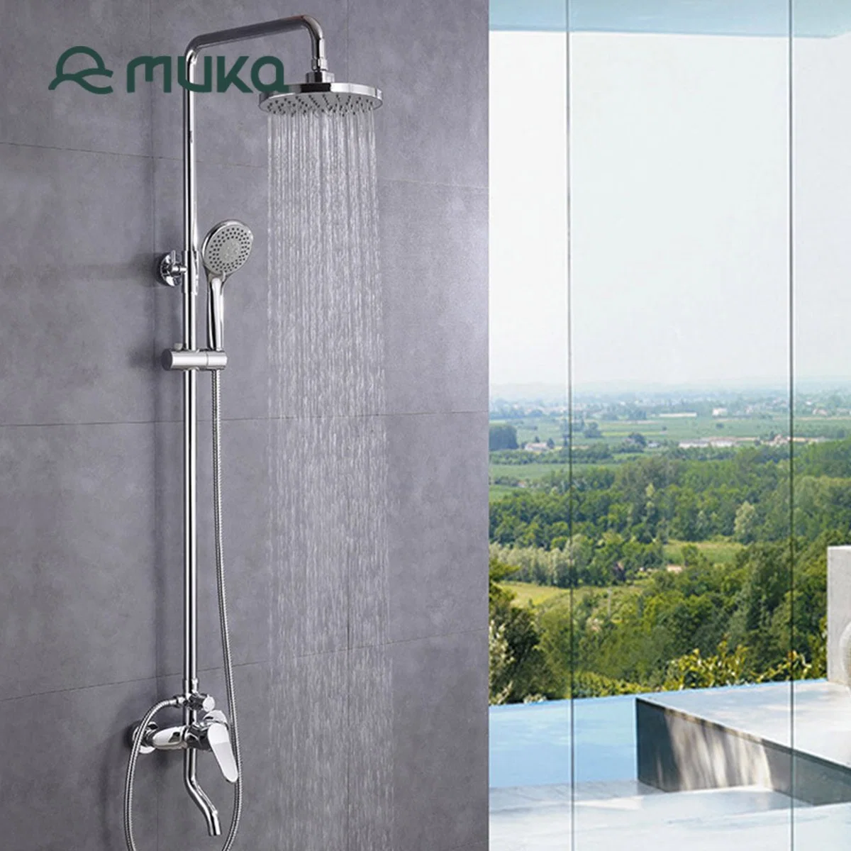 Bathroom Wall Mounted Stainless Steel Waterfall Chrome Shower Set with Top Shower, Handheld Shower and Spray Gun