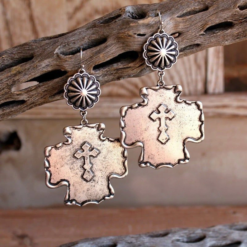 Vintage Pumpkin Blossom Double Cross Alloy Earrings Western Style Exaggerated Earrings