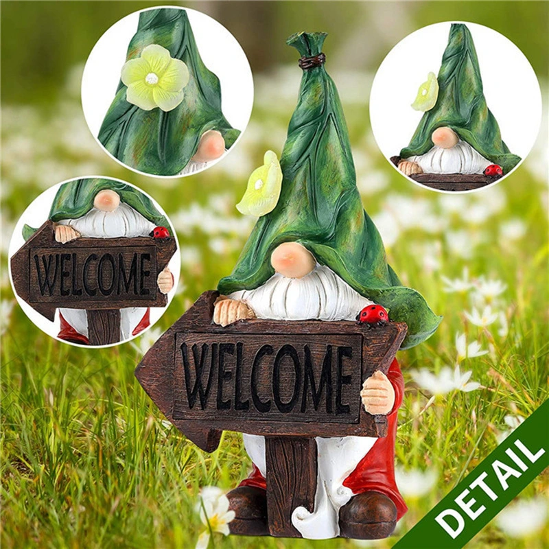 Großhandel/Lieferant Solar Powered LED Poly Resin Willkommen Zeichen Gnome Statue Landschaftsbeleuchtung Garten Garten Urlaub Dekoration Yard Dekorative Beleuchtung