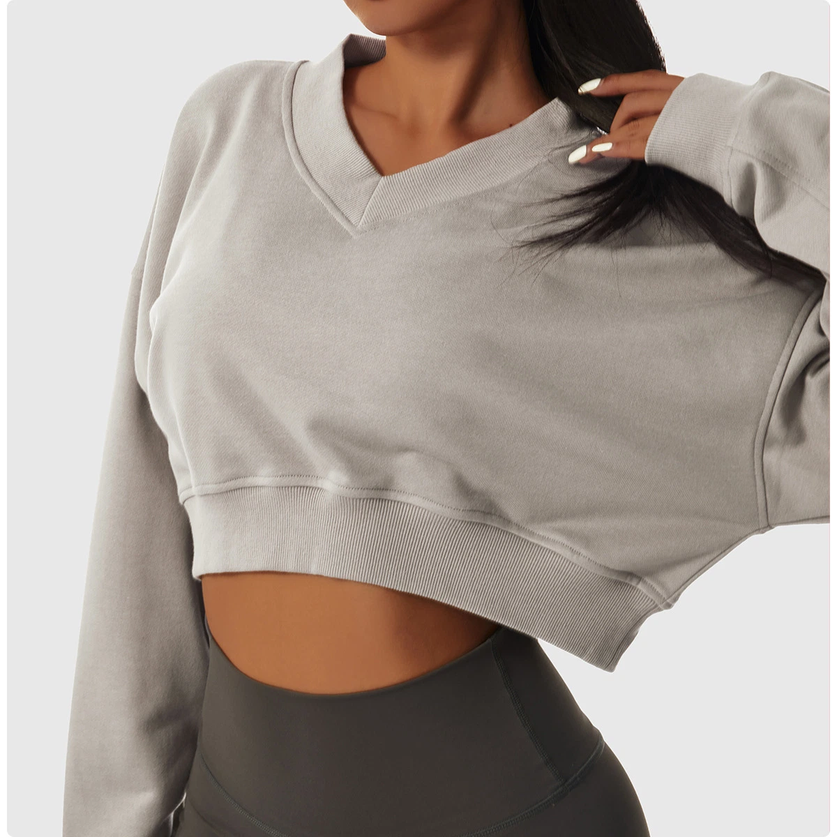 Frau Loose Langarm Sport Sweater Casual Fitness Wear V-Ausschnitt Pullover Casual Top Modisch Vielseitiger Pullover