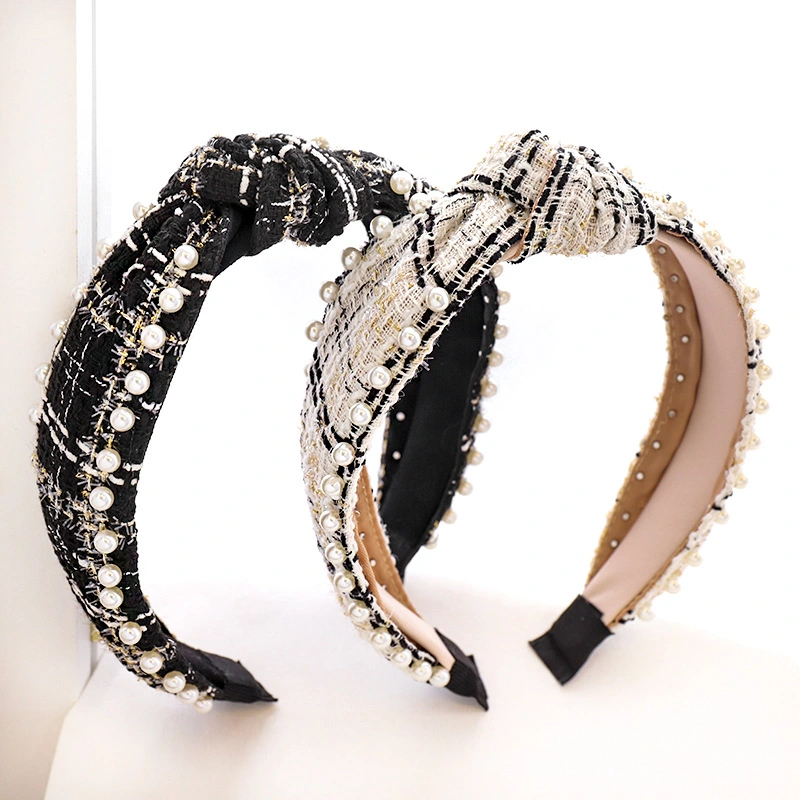 Nail Pearl New Hair Band Classic Ethnic Plaid Fabric Headdress Hair Card Korean Version of The Female Headband