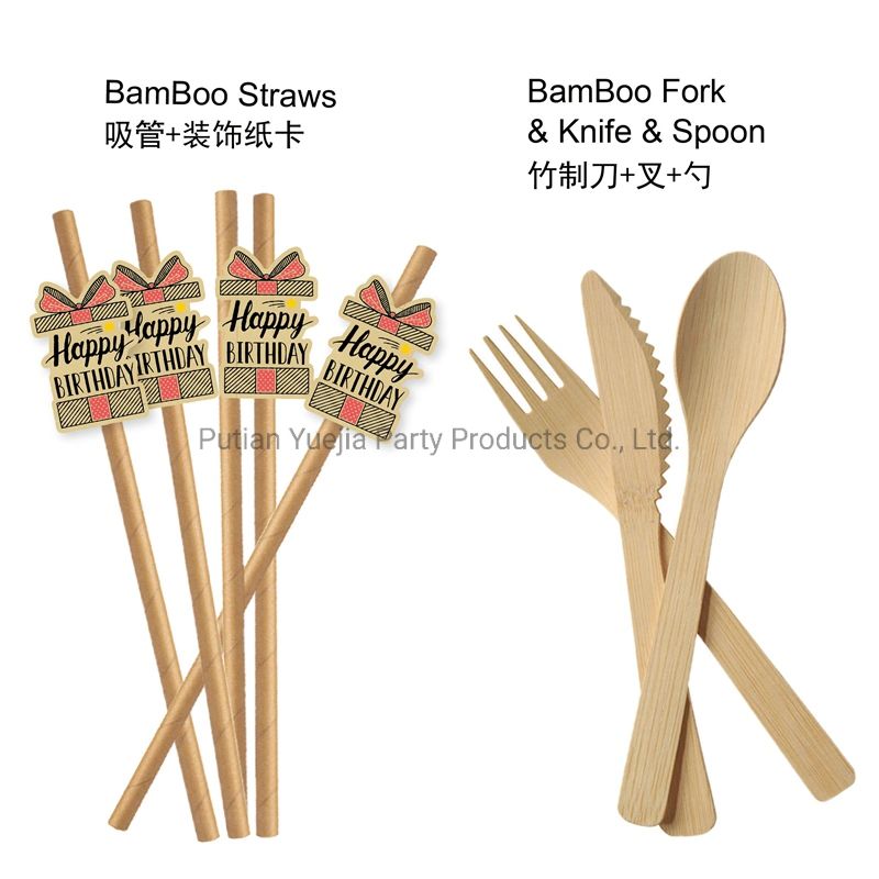 Eco-Friendly descartáveis biodegradáveis de bambu de Impressão de papel de celulose jantar guardanapo de tecido de bolso Copa Placa Talheres Palha Caixa Alimentar Festa de louça de fornecimentos