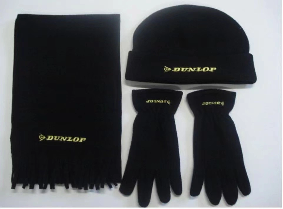 Original Factory OEM Custom Logo gedruckt Schwarz Polar Fleece Winter Set Aus Mütze-Schal-Handschuhen