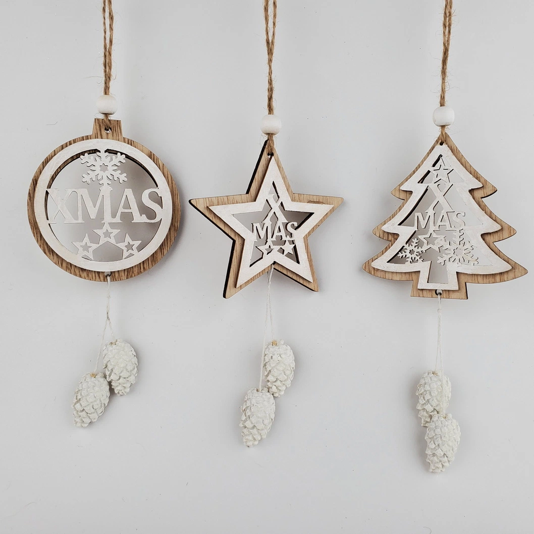 Customized Laser 3D Wooden Christmas Decorations Creative Hollow Snowflake Wooden Letter Hanging Christmas Tree Home Pendant Decorations