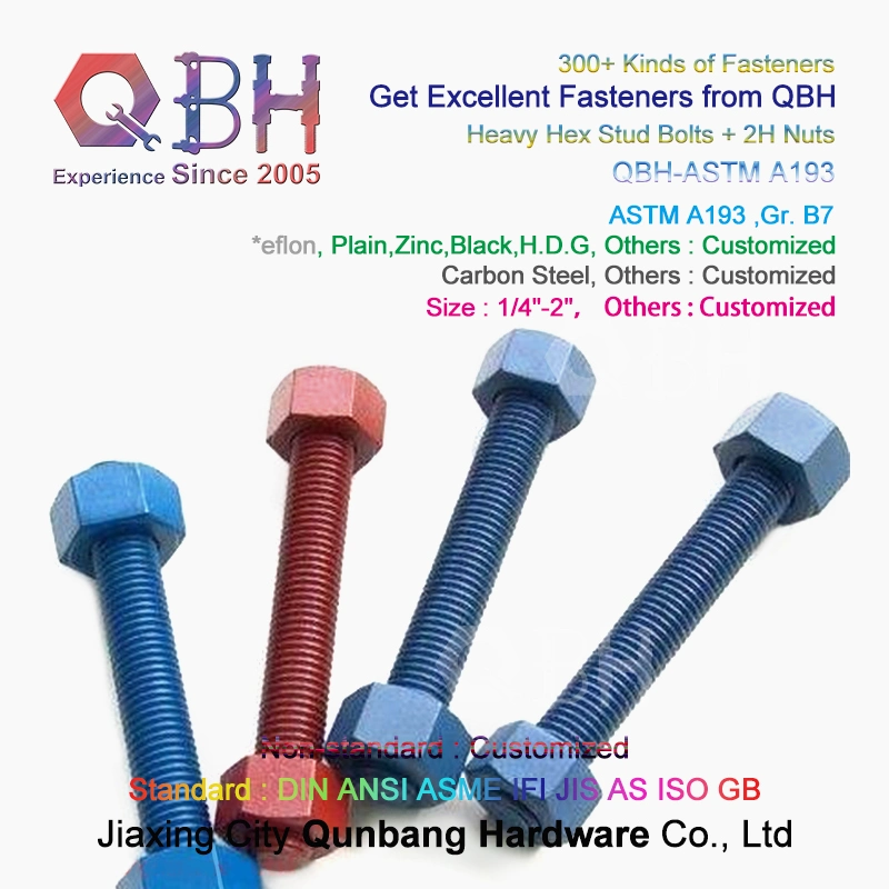 Qbh Customized PTFE Colored Surface Treatment Carbon Steel ASTM A193 B7 Rod + Double A194 2h Nuts Combo Stud Bolt