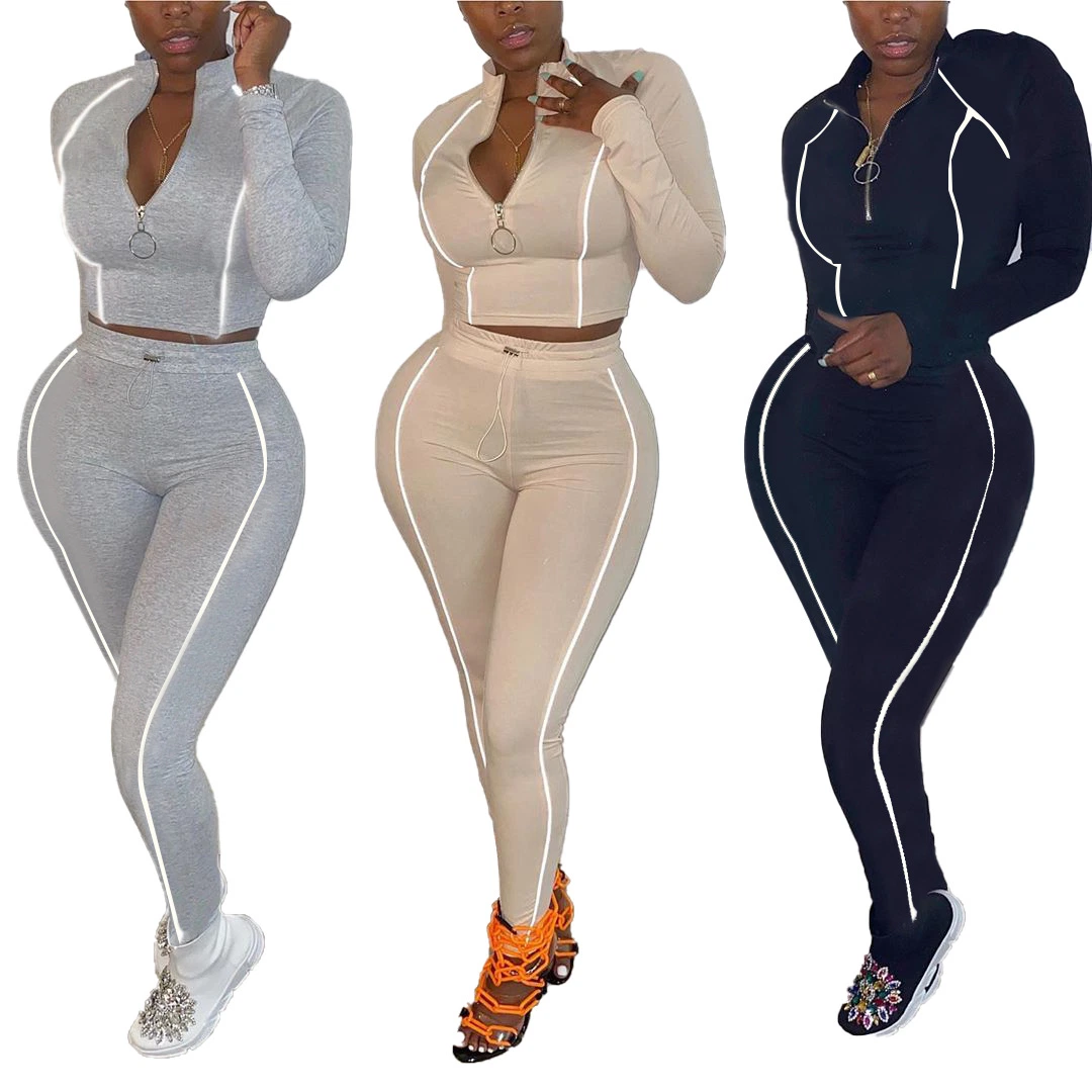 Popular Fall Autumn Reflective Strip Bodycon Ladies 2020 Latest Design Track Suit Women Sexy Clothing Zip up 2 Two Piece Set