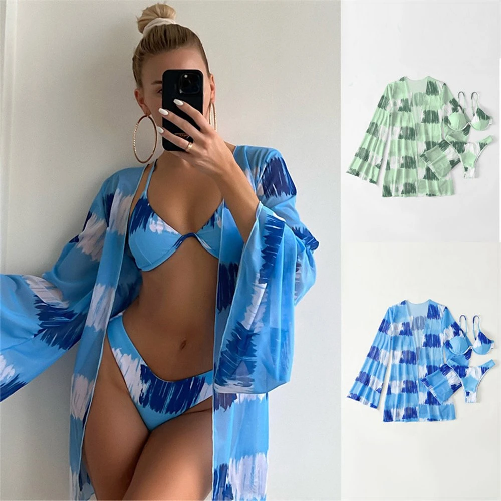 Impreso de la moda playa cubierta de tres piezas en traje de baño Bikini Novedades Underwire mayorista en traje de baño