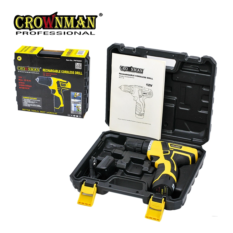 Crownman Power Tools, Furadeira sem fio de impacto com bateria de lítio recarregável de dupla velocidade 12V/21V.