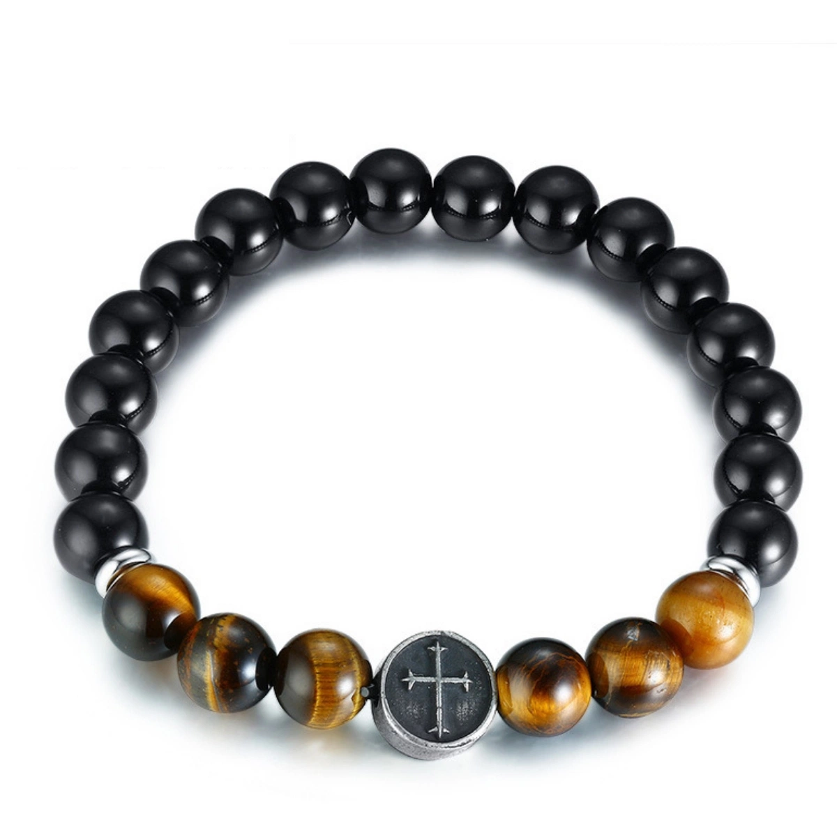 16.5 Cm Titanium Steel Accessories Tiger Eye Stone Black Agate String Beads Bracelet Men's Cross Bracelet