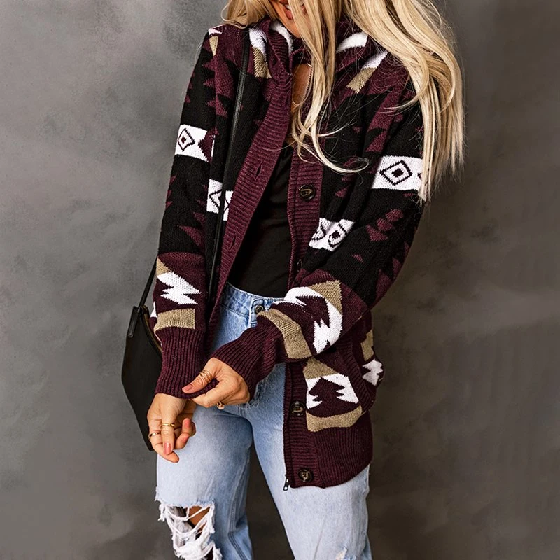 Dear-Lover Aztec Retro Jacquard Pattern Buttoned Front Hooded Cardigan Sweater