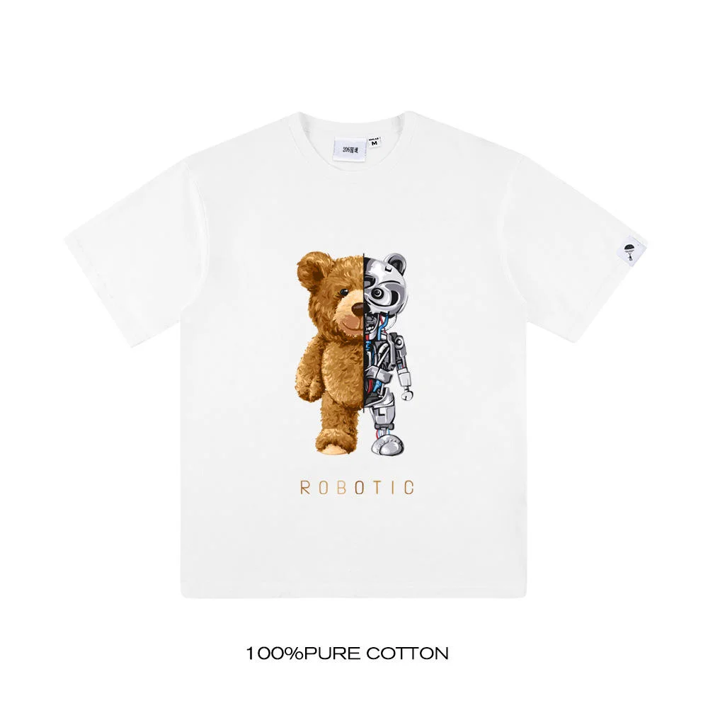 Logotipo de impresión personalizada bordado Verano 100% algodón Teddy camisa Camisetas con estampado de robots Bear de manga corta de Hip Hop Camiseta TOPS para hombre