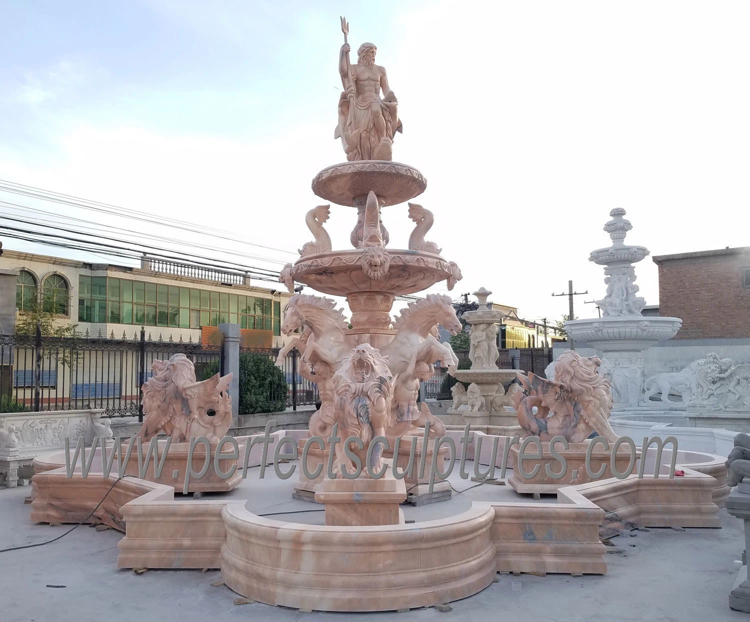 Large Square White Marble Water Fountain with Carving Lion Horse Fish Figure Sculptures (SY-F320)