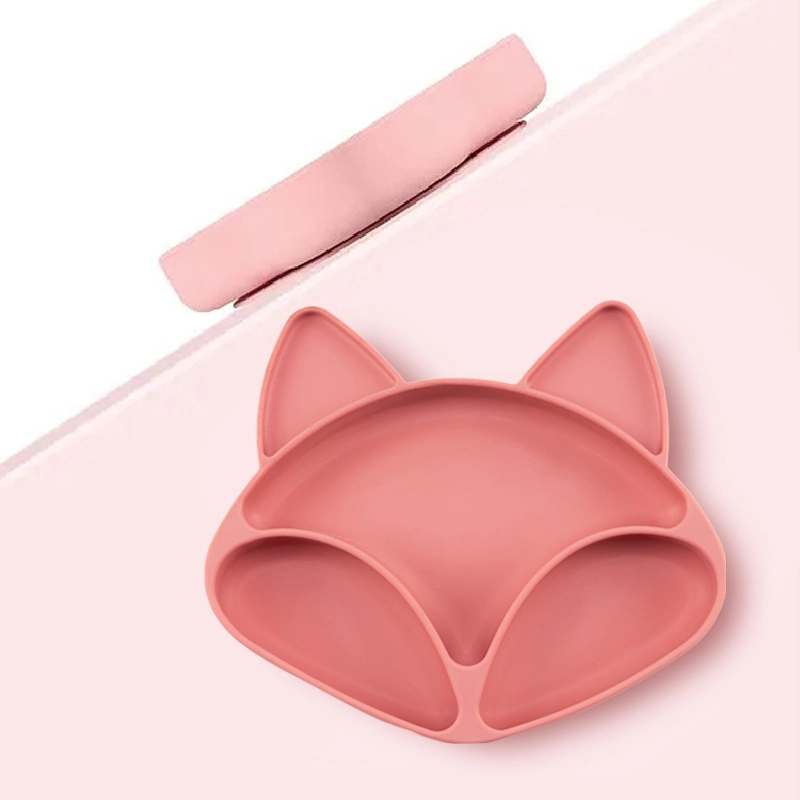 Cute Little Fox compartimentadas de silicona Plato Ventosa con silicona bebé alimentos complementarios Bowl