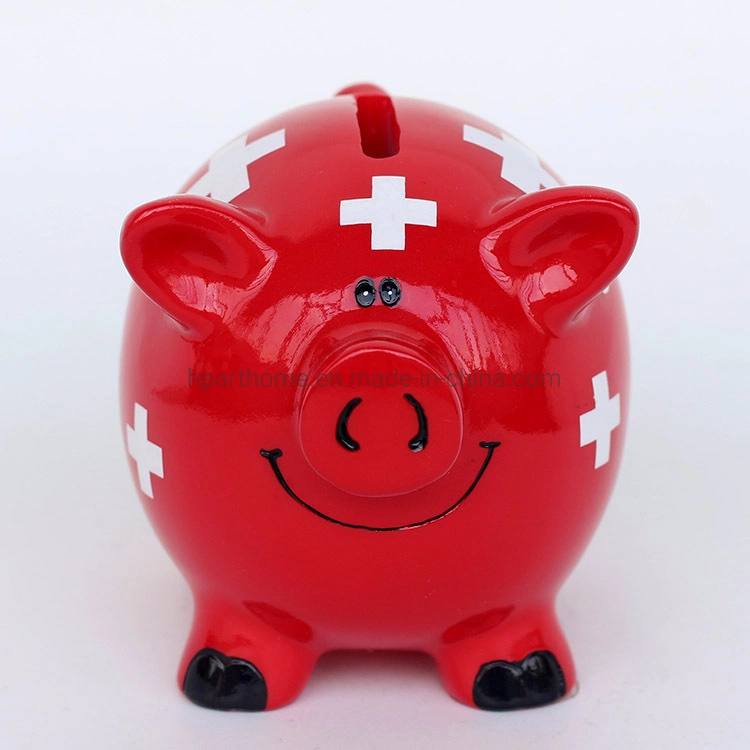 Customized Switzerland Glossy Red Color Resin Lovely Piggy Money Box