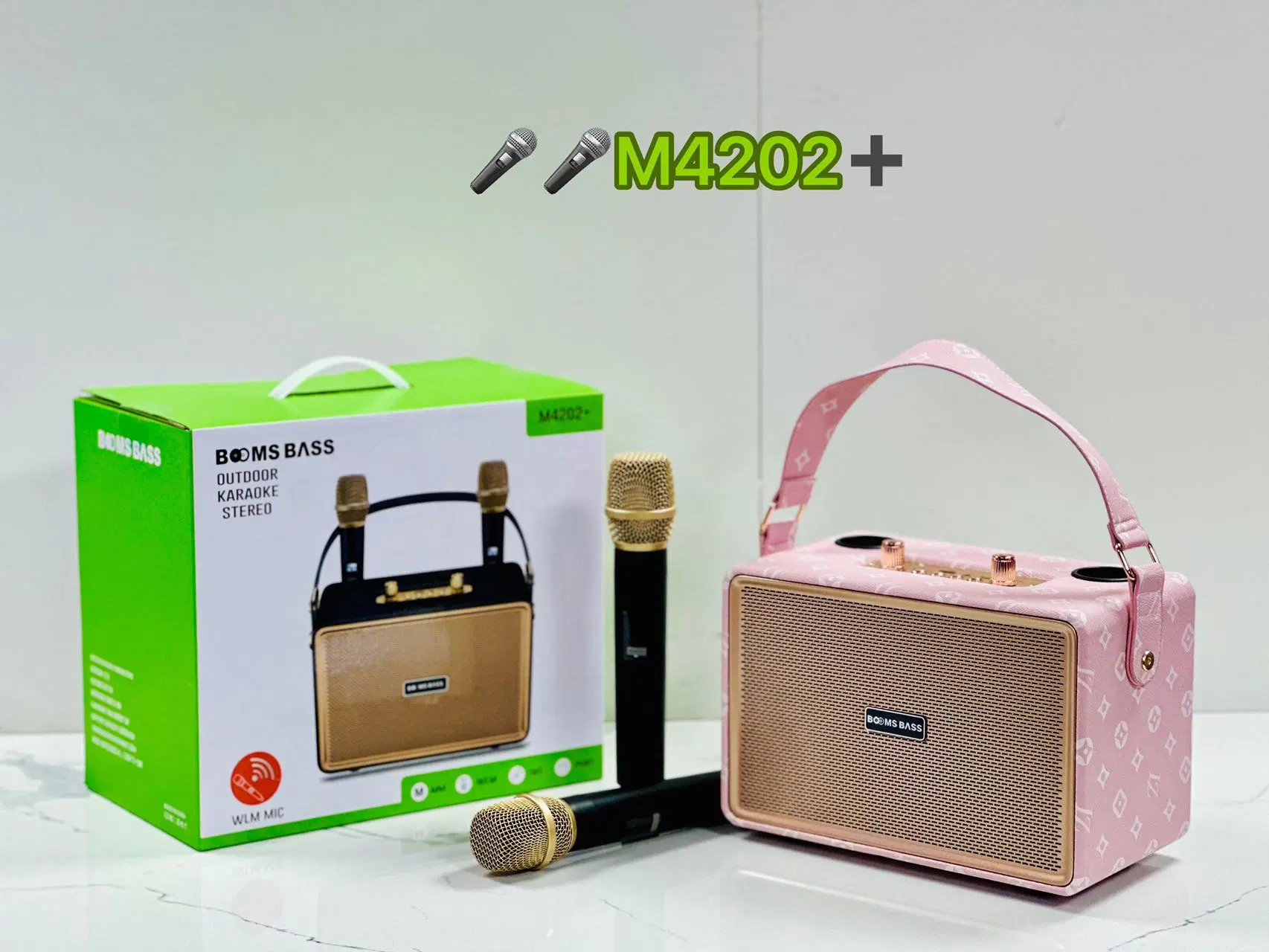 Ld-M4202+ Mini Portable Good Quality Wireless Deep Bass Outdoor Party Karaoke Bluetooth Speaker with Two Microphones_Pink