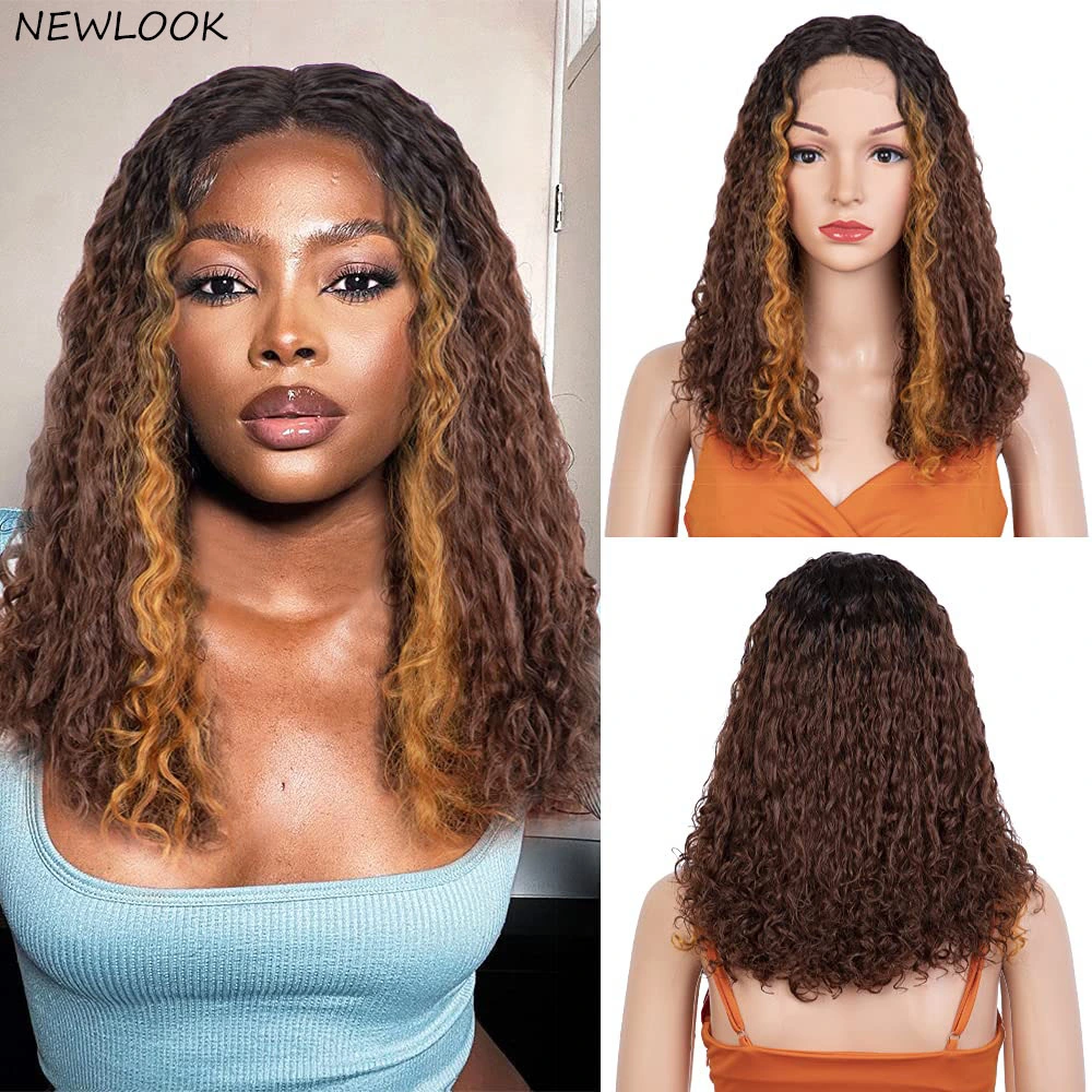 Newlook Brown Kinky Curly Bob Lace Front Wigs for Women 16 Inches Dark Roots T Part Lace Front Bob Wigs Synthetic Wig for Daily Party