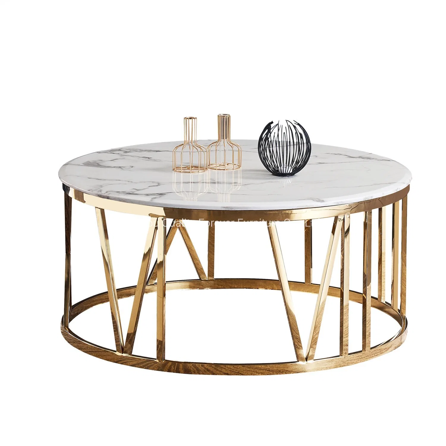Meuble de salon moderne Table basse centrale en acier inoxydable doré et marbre blanc