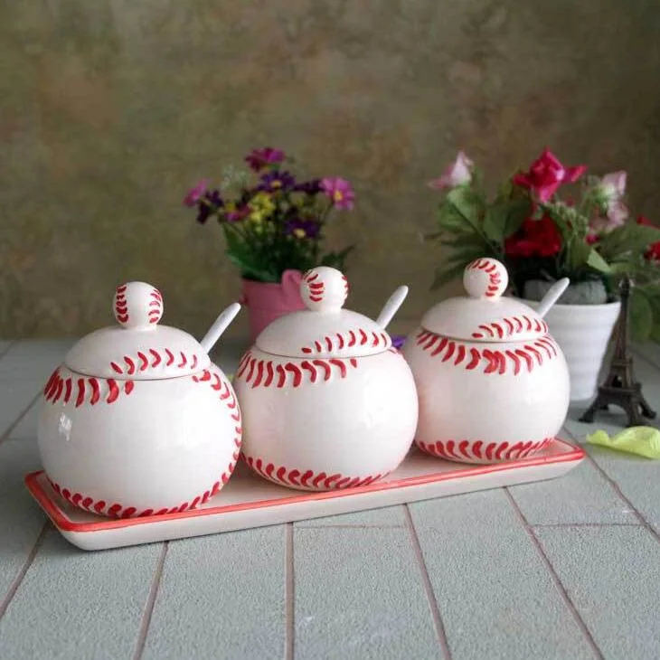 Creative Kitchen Three-Piece Condiment Set Baseball Ceramic Set