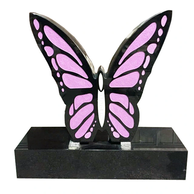 UK Custom Hand Carved 3D Blue Color Black Granite Modern Butterfly Design Slab Gravestone with Cheap Price