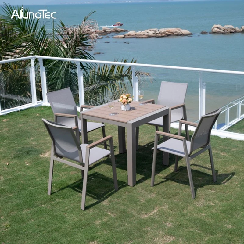 Multifunctional Aluminum Frame Plastic Wood Armrest Outdoor Dining Chairs Table Set