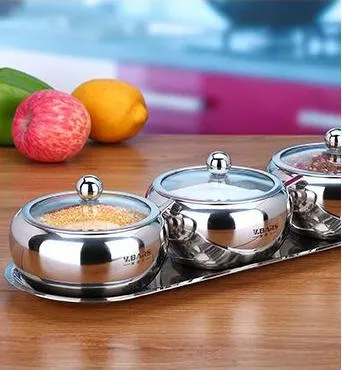 Kitchen European Rotary 3 PCS 304 Stainless Steel Spice Container Seasoning Bottles Set Revolving Spice Rack