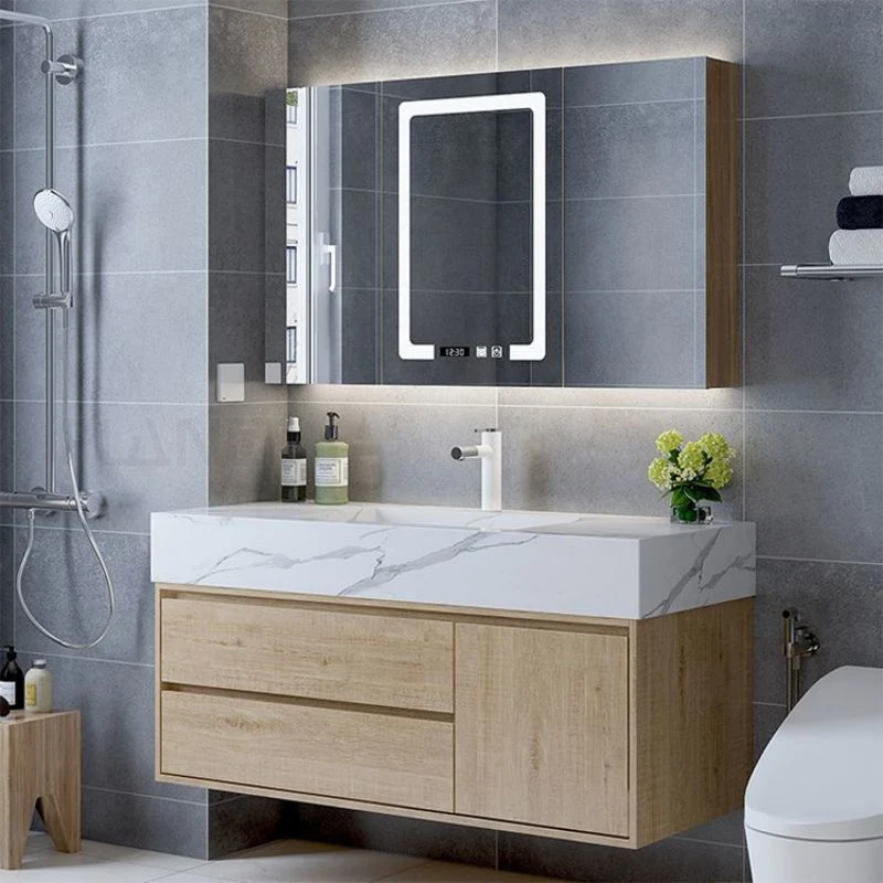 Meubles de salle de bain en bois massif de style européen moderne et minimaliste avec des armoires de bain simples et des lavabos.