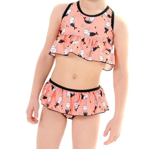 Sports Racer Top and Panty Swimwear with All Over Print Bathing Suit for Girls