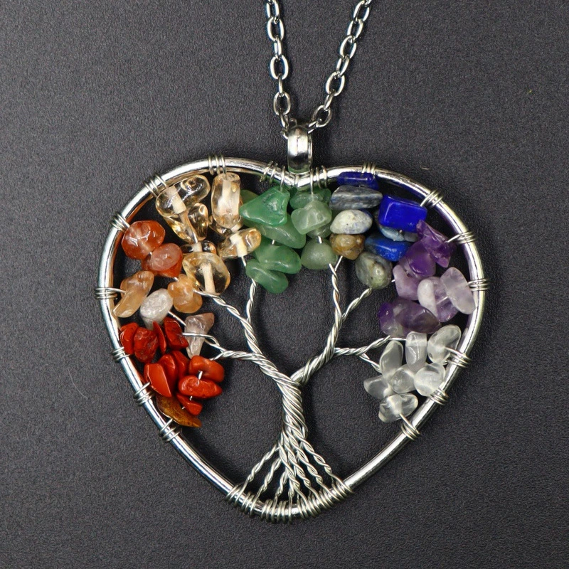 Natural Smooth Gemstone Seven Chakras Chips Tree of Life Healing Color Handmade Gravel Pendant